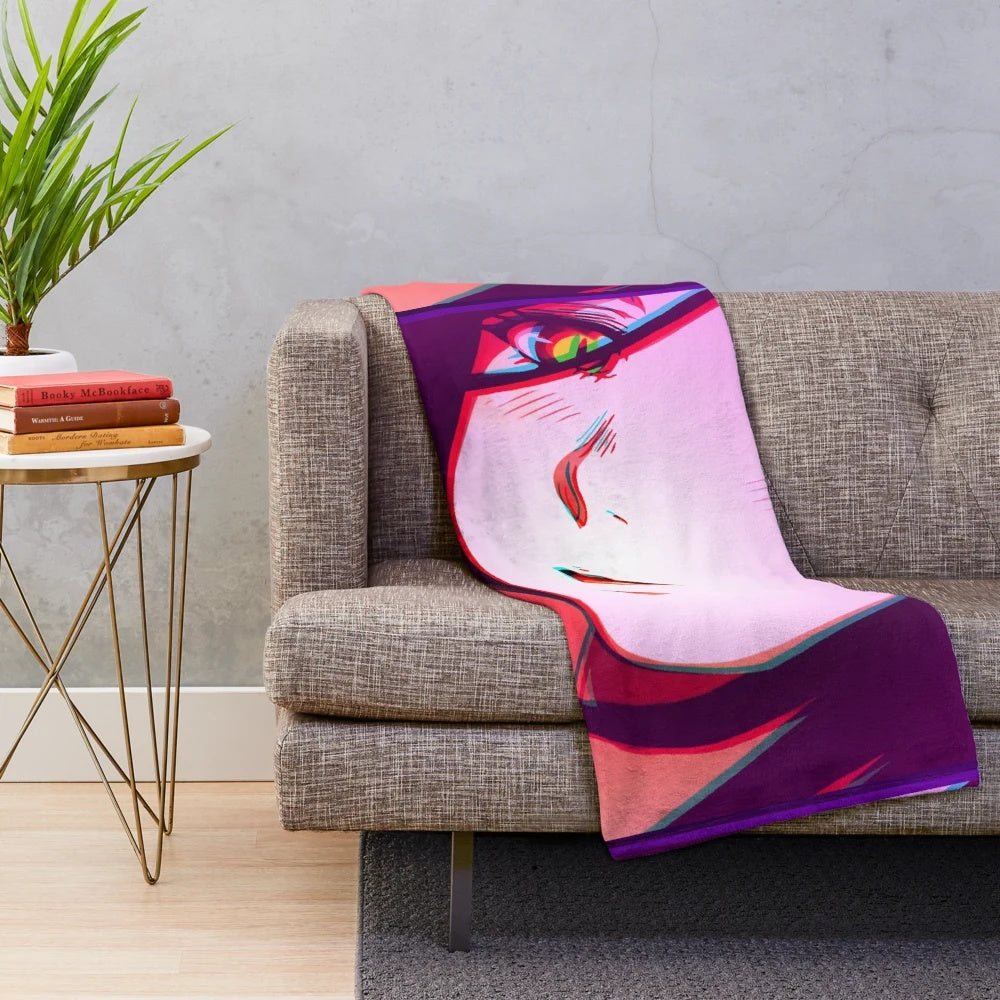 Soft and plush blanket with a beautiful anime-style design featuring a cute female character in purple and pink colors.