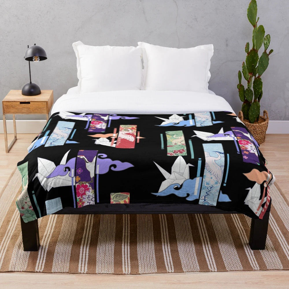 Soft and plush blanket featuring beautiful Japanese kimono-inspired pattern with birds and clouds