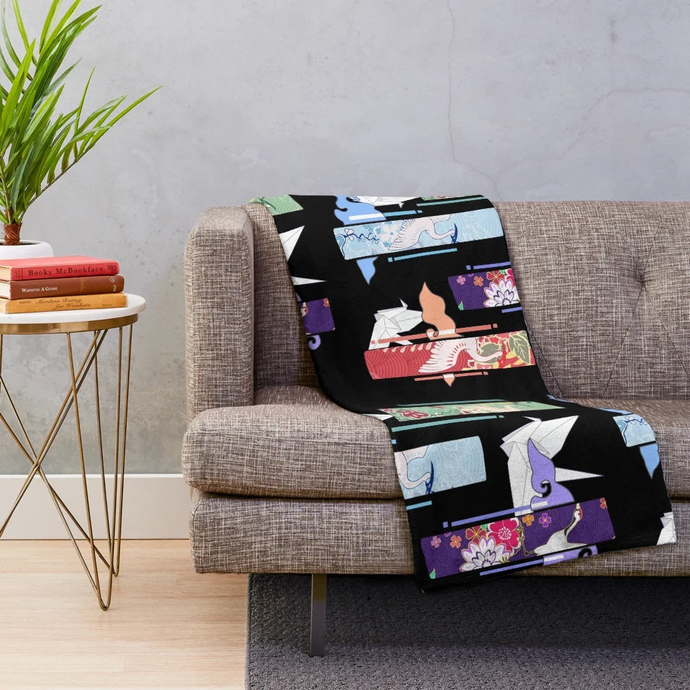 Soft and plush blanket featuring beautiful Japanese kimono-inspired pattern with birds and clouds