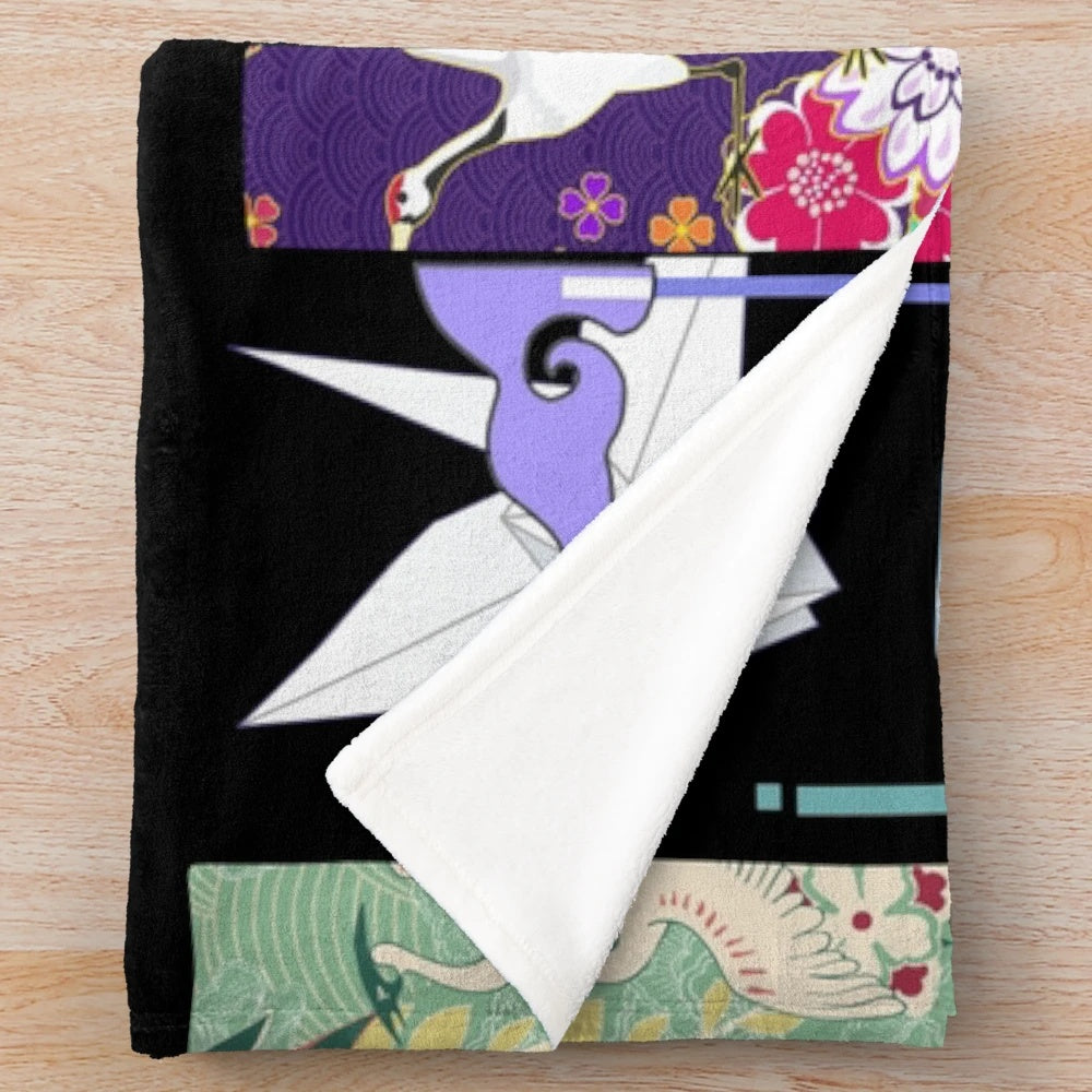 Soft and plush blanket featuring beautiful Japanese kimono-inspired pattern with birds and clouds