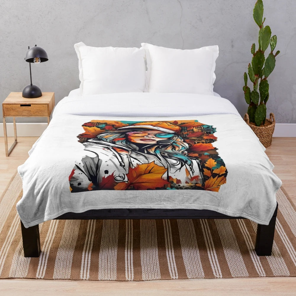 Plush blanket with autumn leaves and urban street art design