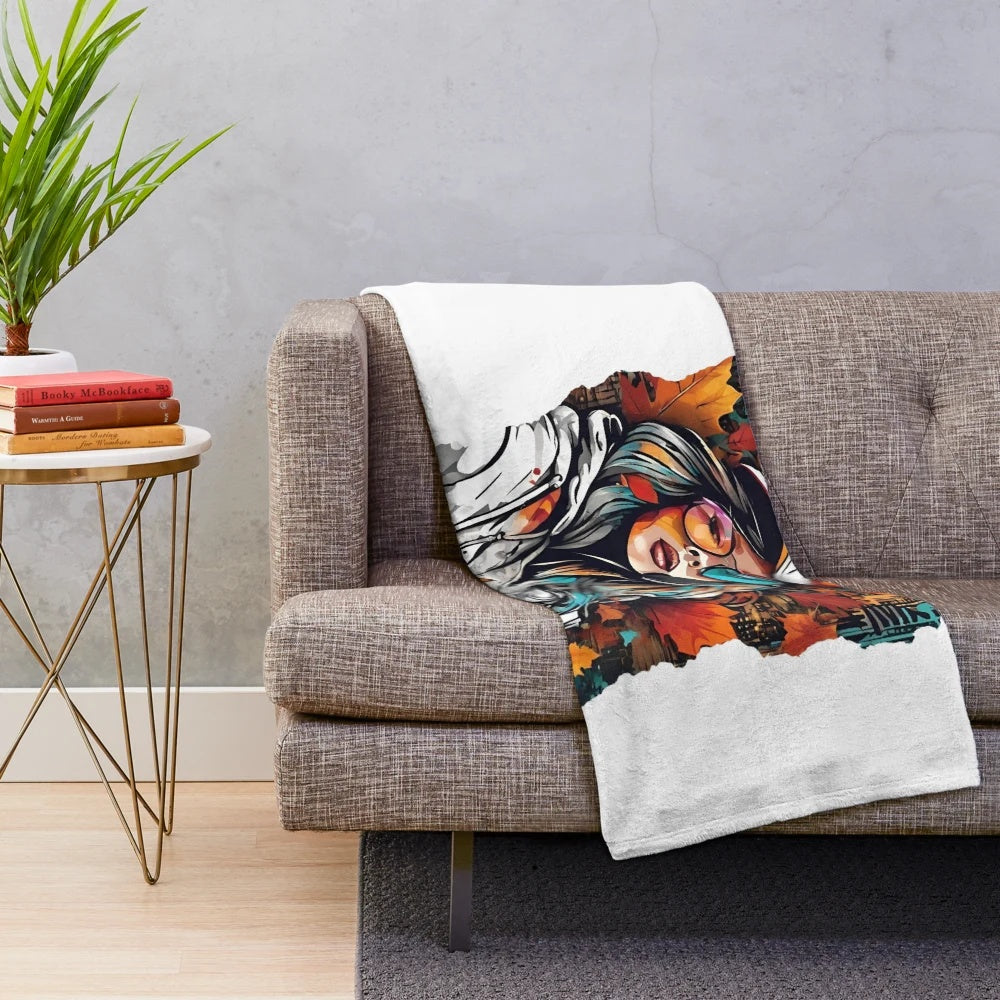 Plush blanket with autumn leaves and urban street art design