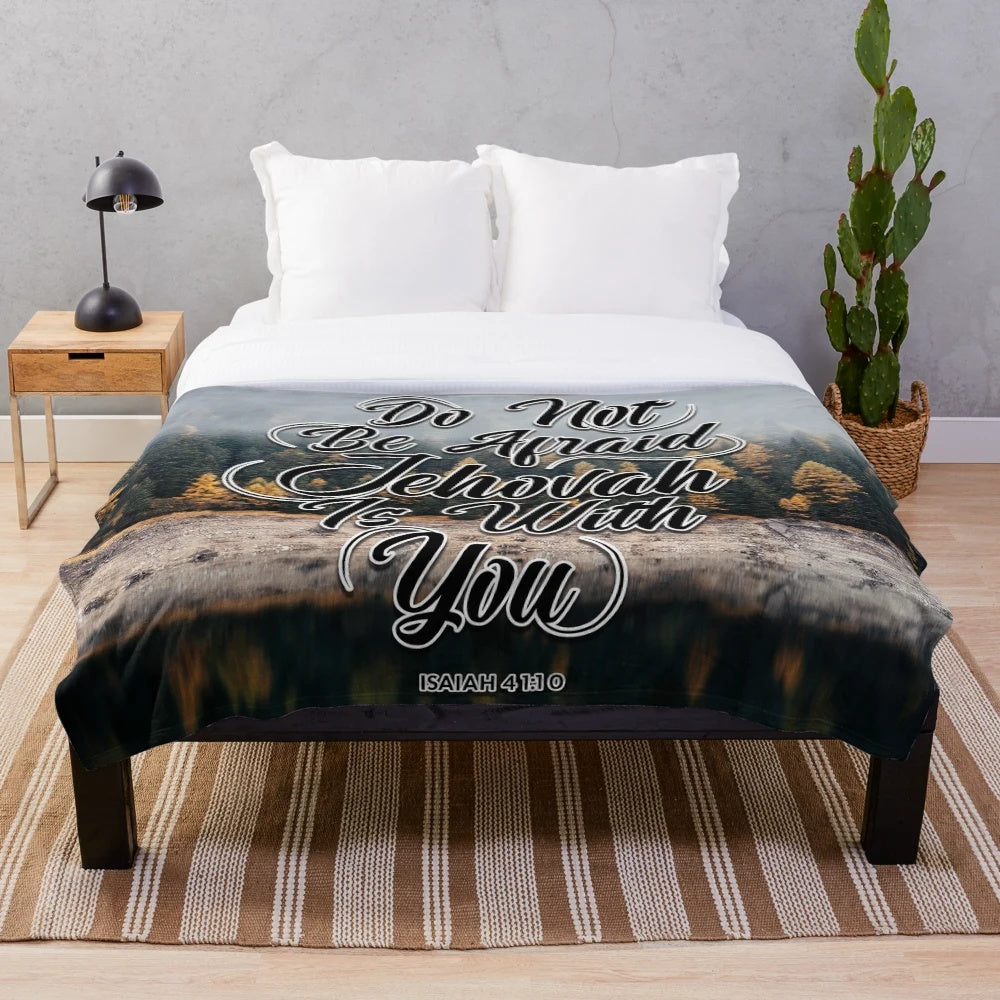 Plush blanket with nature scene and Bible verse "Jehovah is with you - Isaiah 41:10
