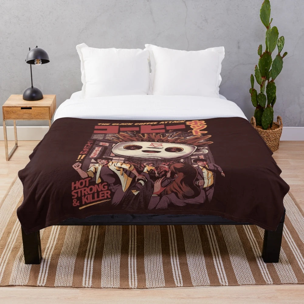 Plush blanket with black magic coffee inspired design