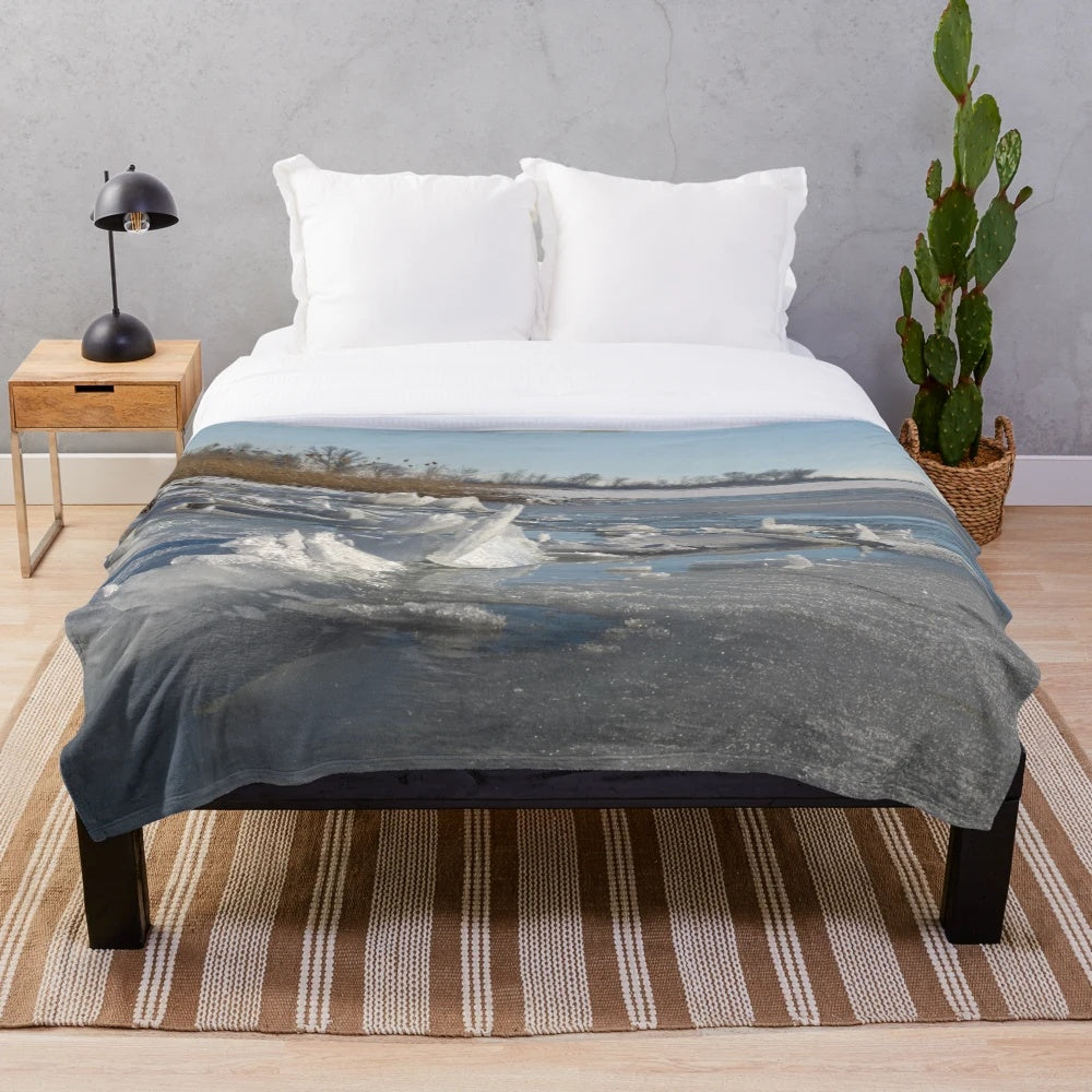 Plush blanket featuring a beautiful winter nature landscape with bare trees, snow, and frozen water