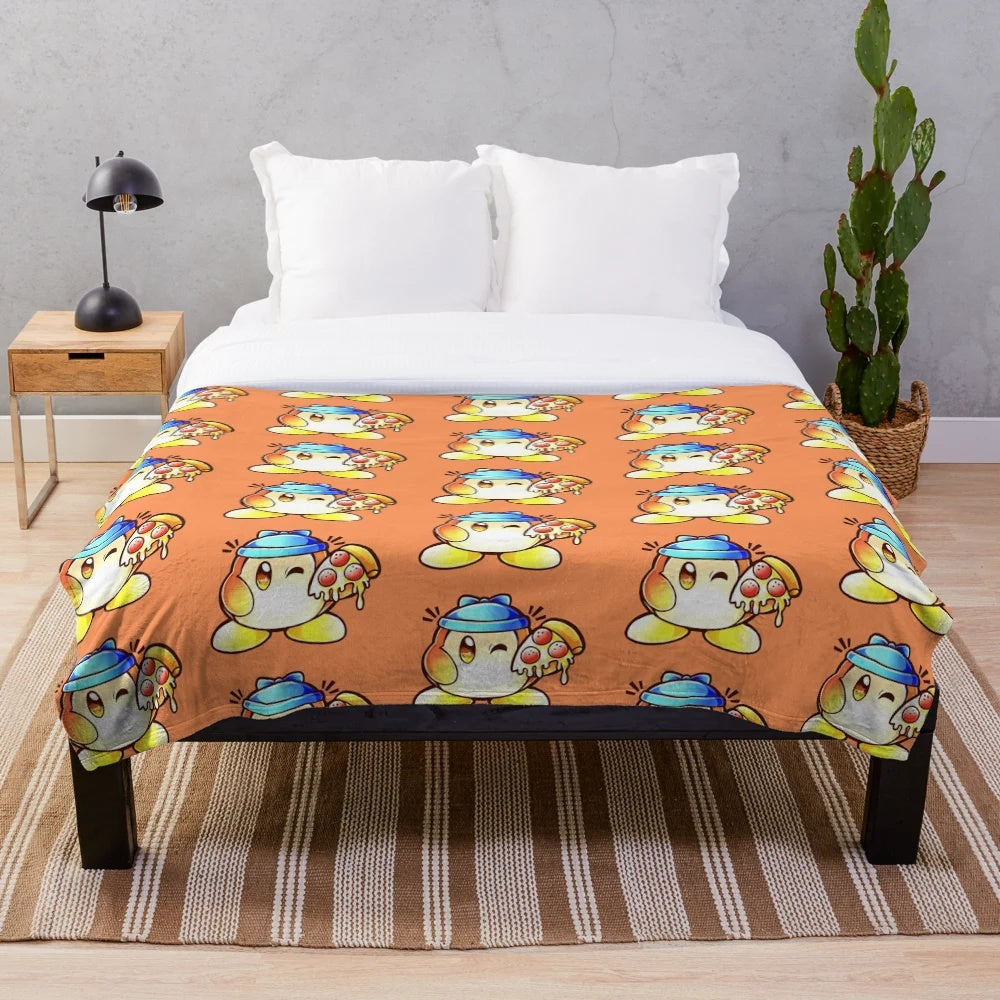 Soft and cuddly plush blanket featuring a Waddle Dee character from the Kirby video game series surrounded by a colorful pizza design