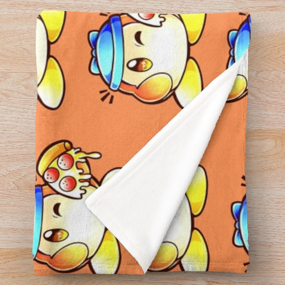 Soft and cuddly plush blanket featuring a Waddle Dee character from the Kirby video game series surrounded by a colorful pizza design