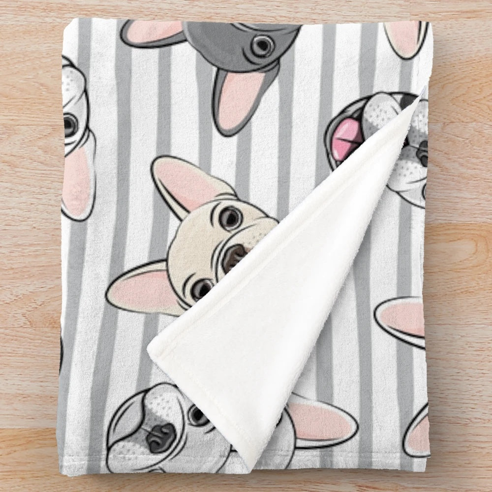 Plush gray striped blanket with adorable French bulldog design