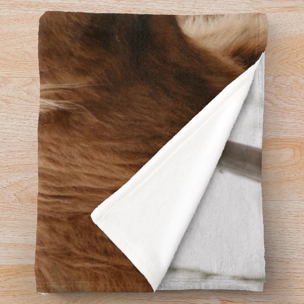 Plush blanket featuring a dramatic portrait of a highland cow in a scenic countryside landscape