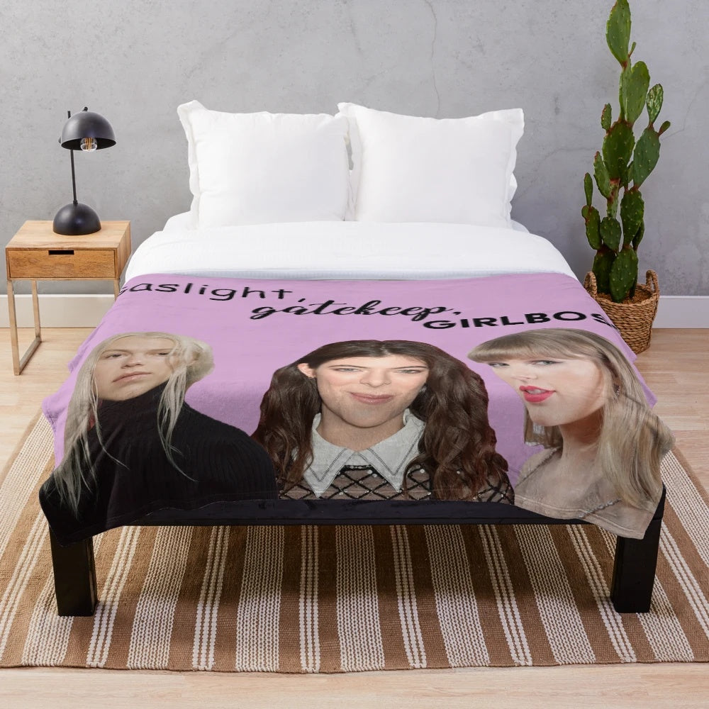 Soft, plush blanket with text "Gaslight Gatekeep Girl Boss