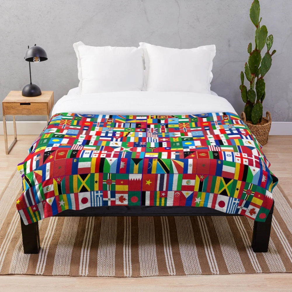 Plush blanket featuring flags of the world design