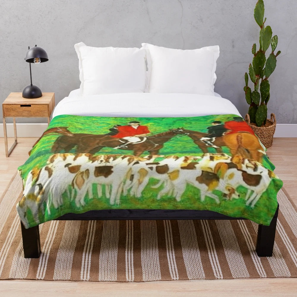 Plush blanket featuring an illustration of foxhounds and horsemen chasing in the countryside