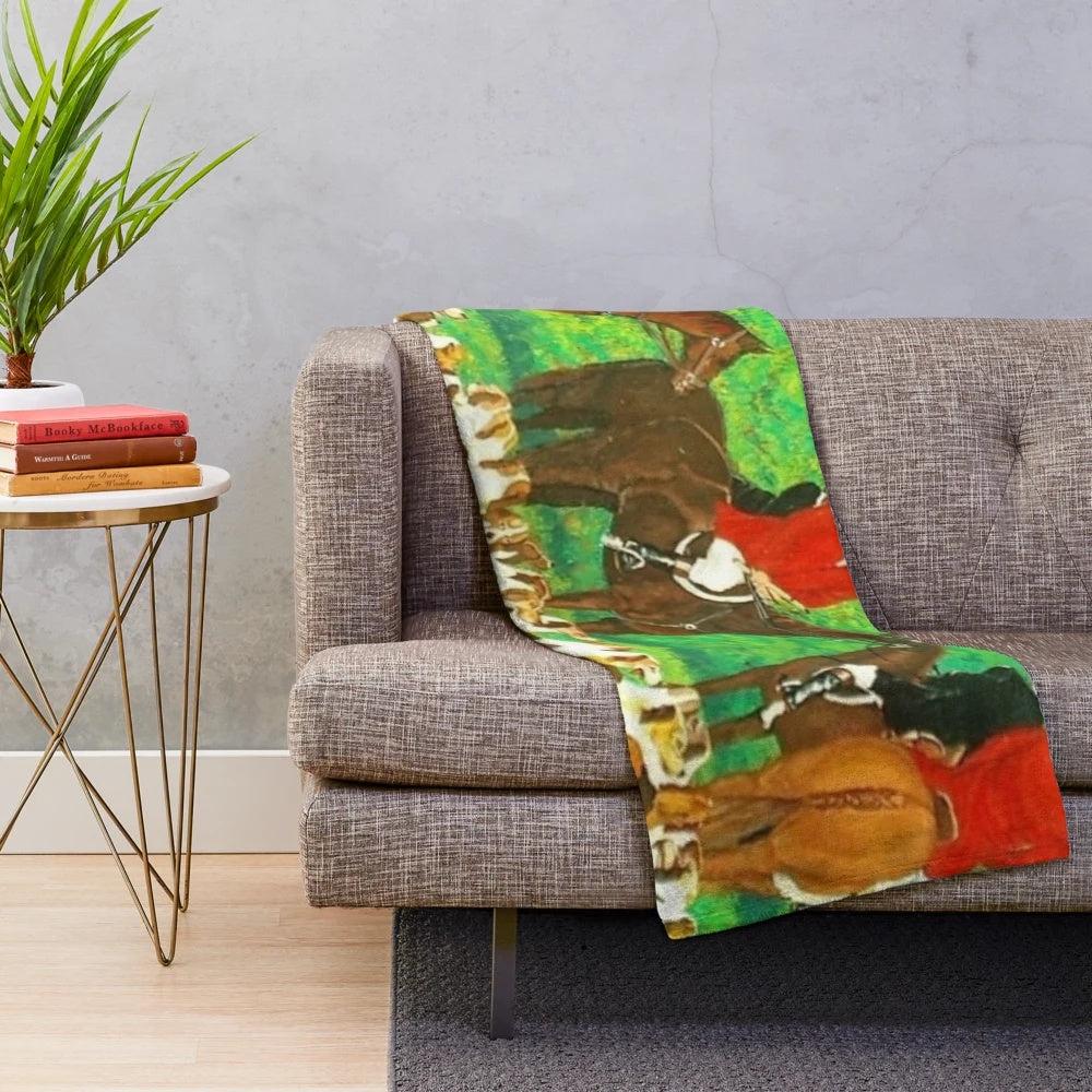 Plush blanket featuring an illustration of foxhounds and horsemen chasing in the countryside