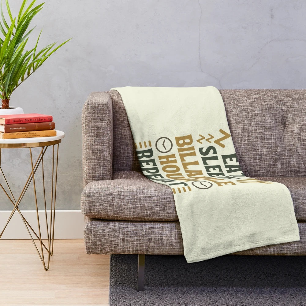 Plush blanket with "Eat Sleep Billable Hour Repeat" design, a humorous gift for lawyers and legal professionals