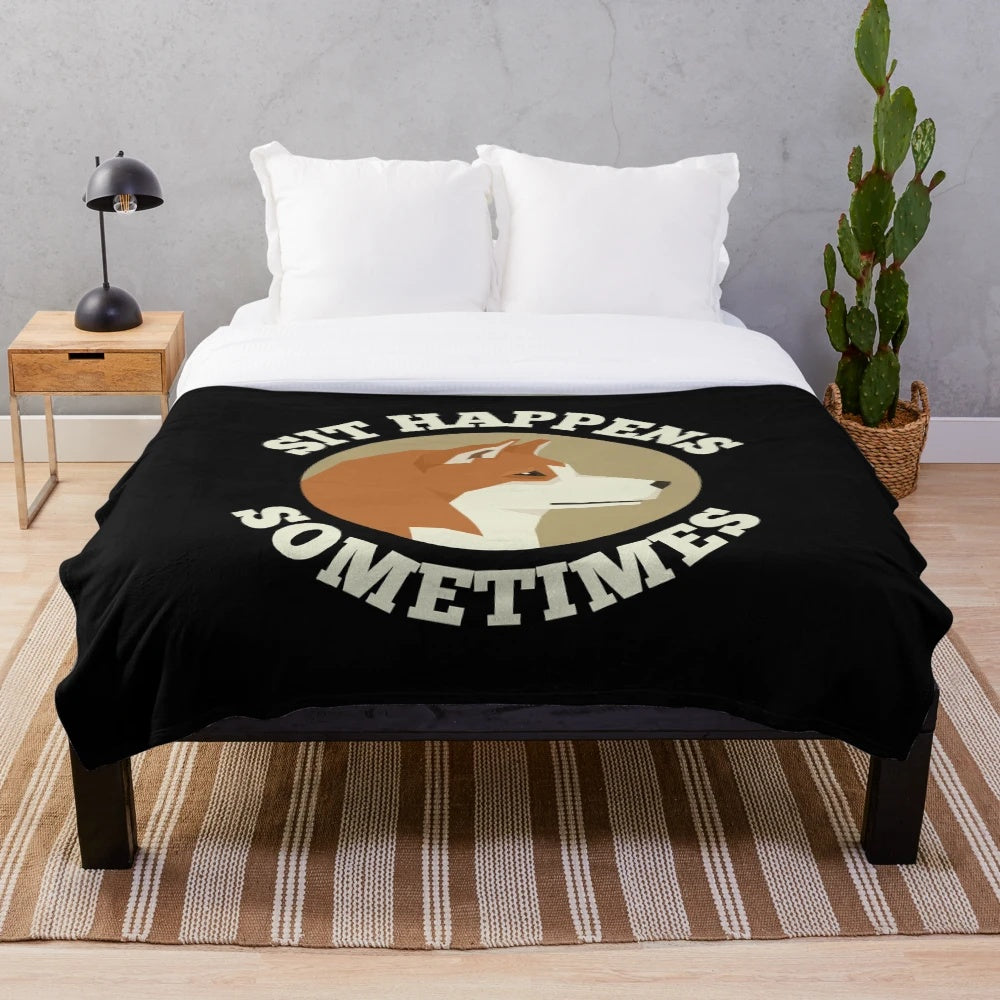 Soft plush blanket featuring funny "Sit Happens Sometimes" quote and Akita Inu dog