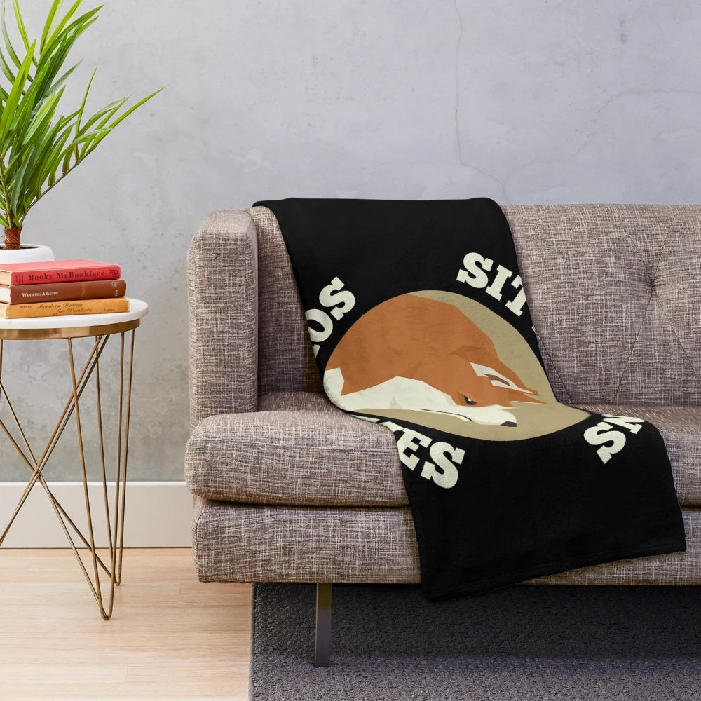 Soft plush blanket featuring funny "Sit Happens Sometimes" quote and Akita Inu dog