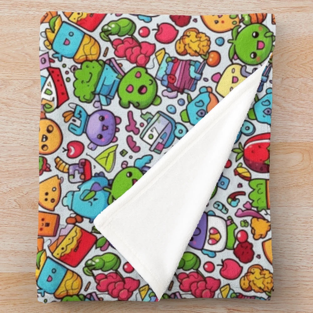 Plush blanket with colorful hobby-themed patterns and designs