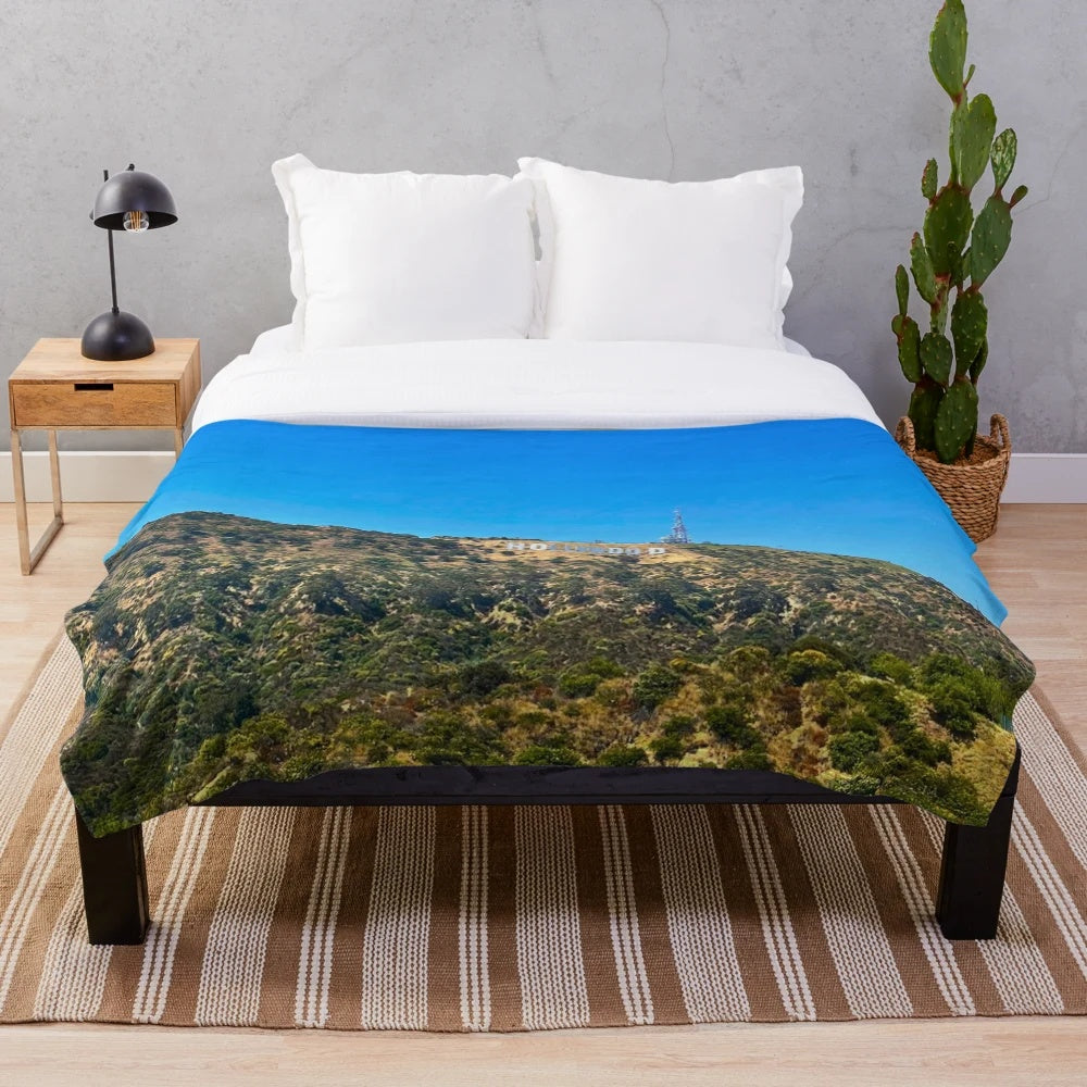Soft plush blanket featuring a scenic image of the iconic Hollywood Sign in Los Angeles