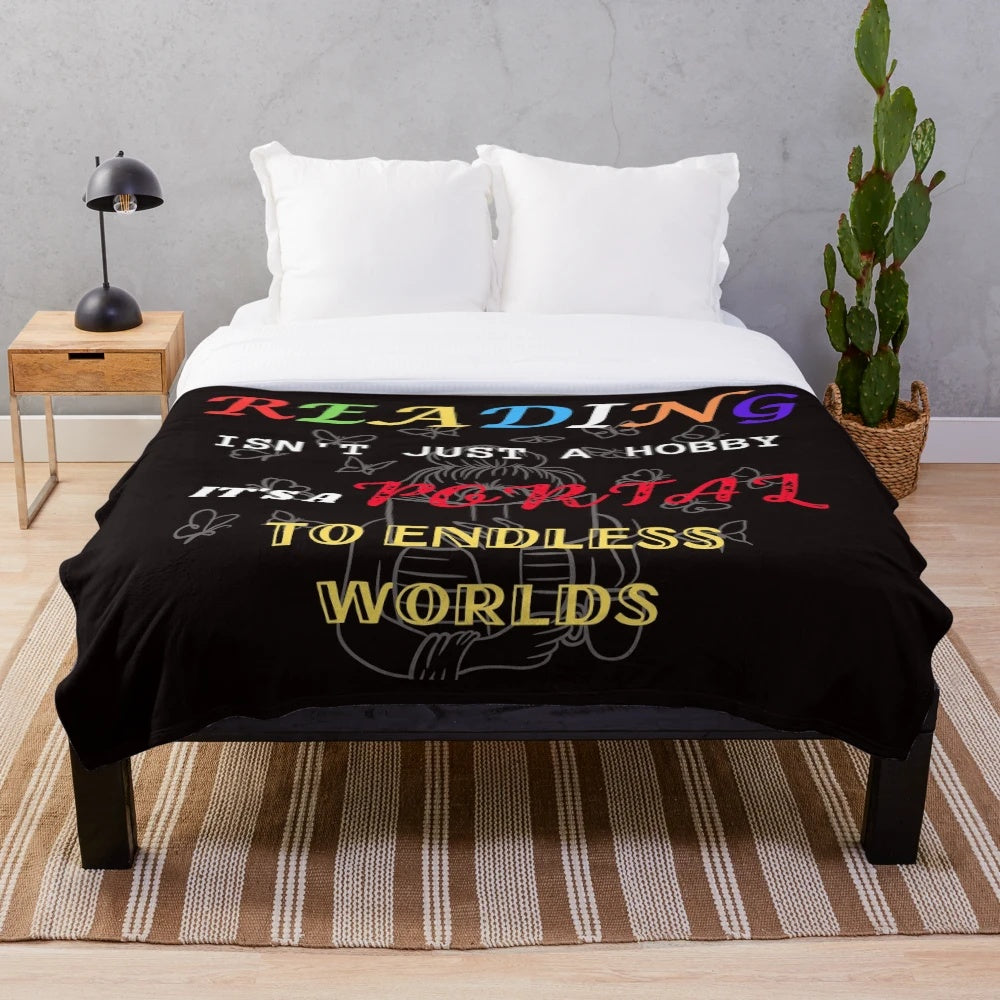 Plush reading blanket featuring inspirational book lover quotes
