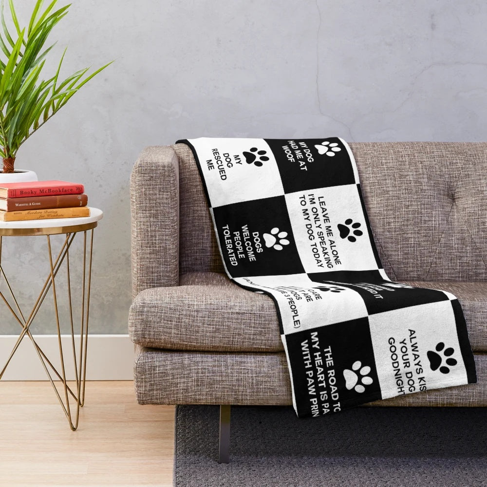 Plush dog lover blanket with black and white checkered pattern and dog quotes
