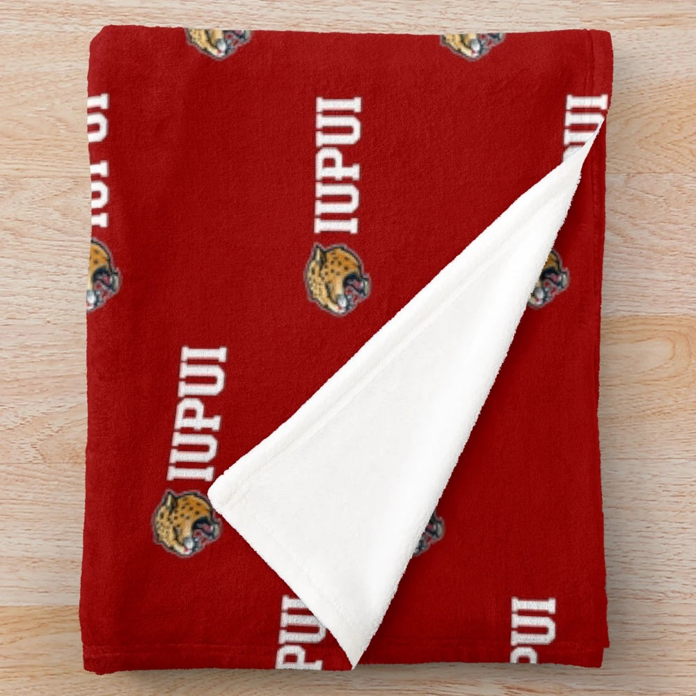 Soft and comfortable plush blanket featuring the IUPUI Jaguars logo and wordmark
