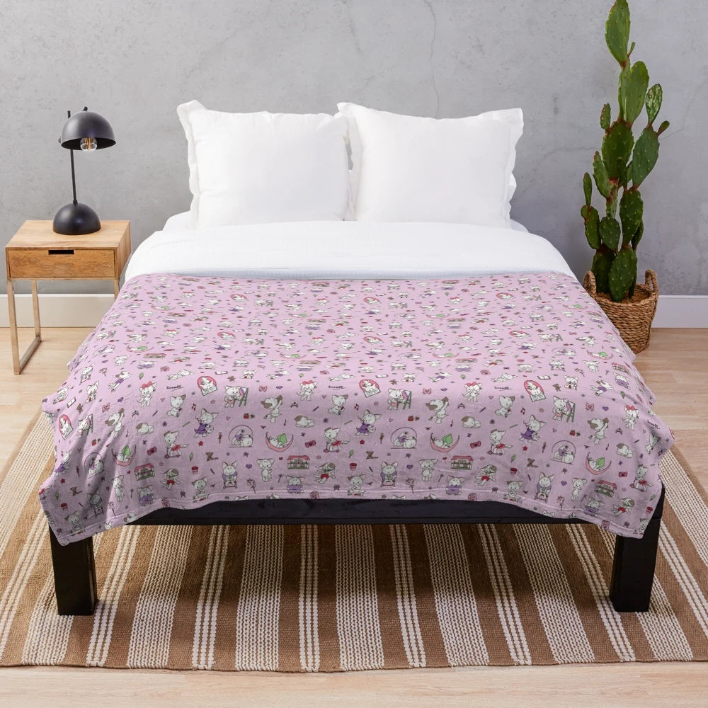 Plush blanket with cats and kittens engaging in various hobbies and activities