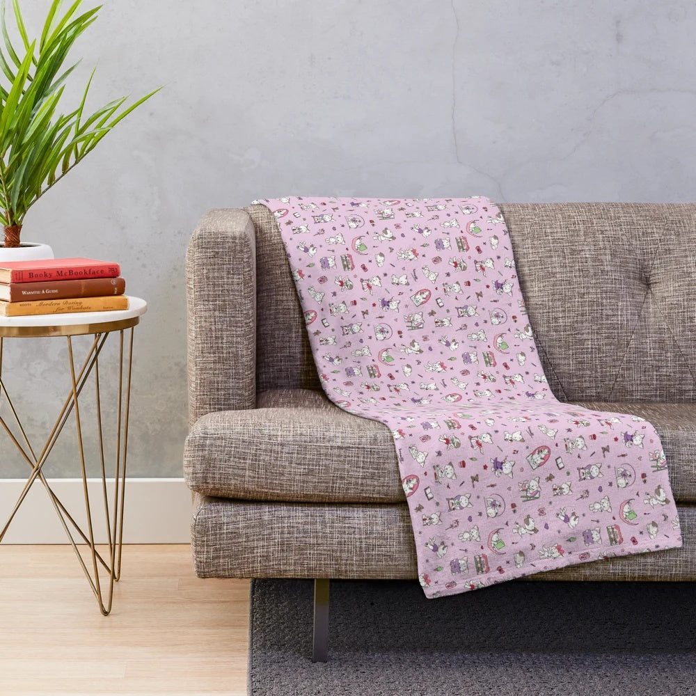 Plush blanket with cats and kittens engaging in various hobbies and activities