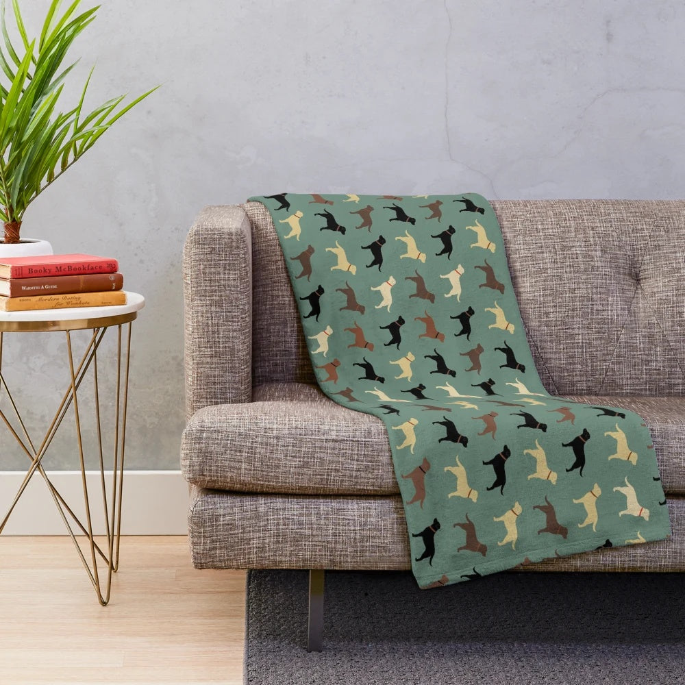 Plush blanket with silhouettes of yellow, black, chocolate, and red Labrador retriever dogs