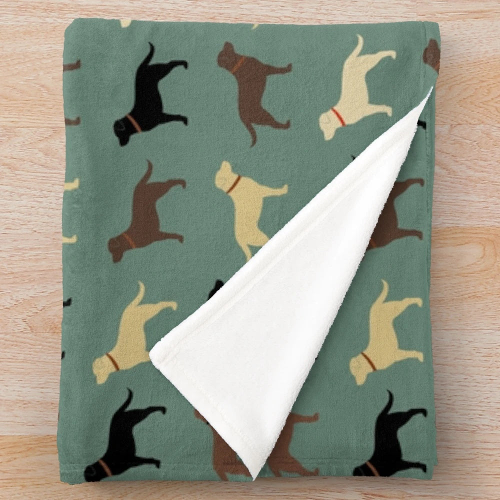 Plush blanket with silhouettes of yellow, black, chocolate, and red Labrador retriever dogs