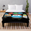 Plush blanket featuring cartoon characters leo the truck, lifty and scoop