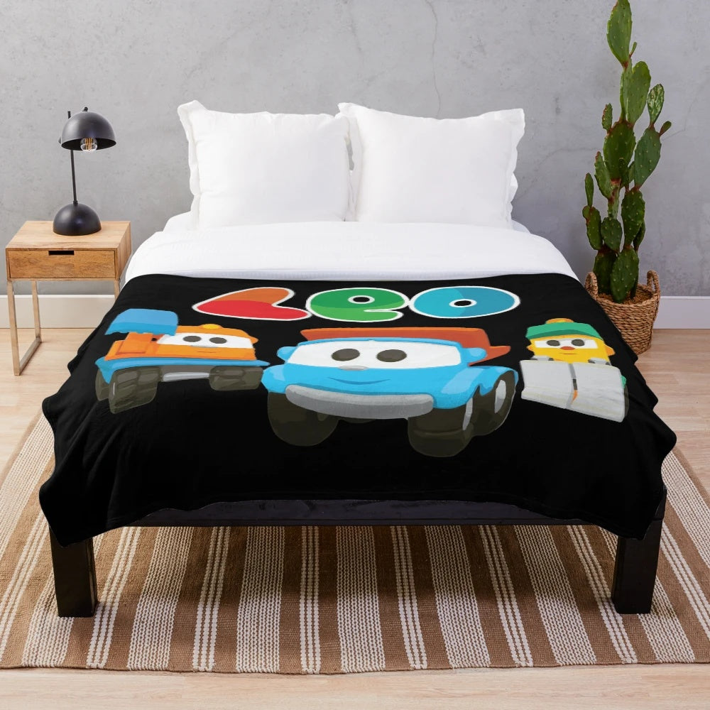 Plush blanket featuring cartoon characters leo the truck, lifty and scoop