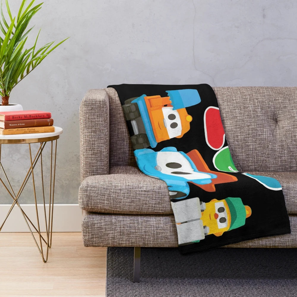 Plush blanket featuring cartoon characters leo the truck, lifty and scoop