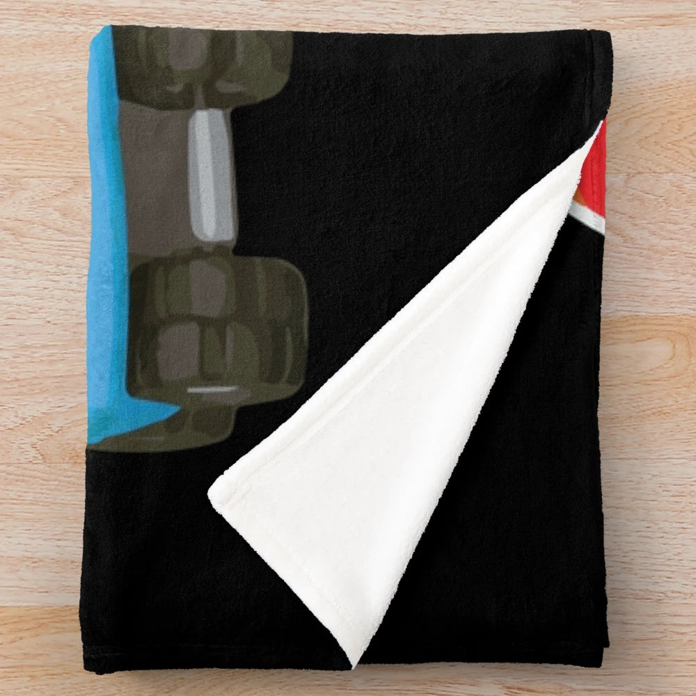 Plush blanket featuring cartoon characters leo the truck, lifty and scoop
