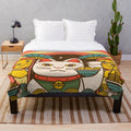 Plush blanket with lucky maneki neko and oriental design