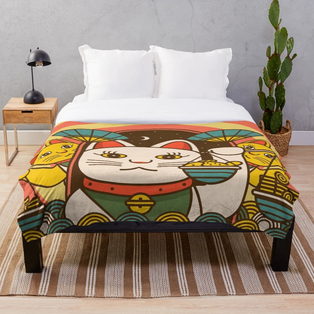 Plush blanket with lucky maneki neko and oriental design