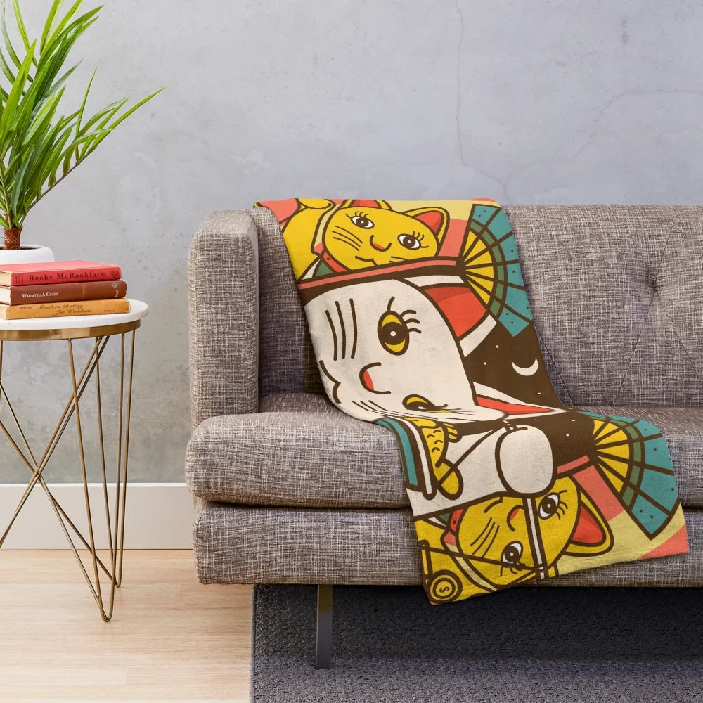 Plush blanket with lucky maneki neko and oriental design