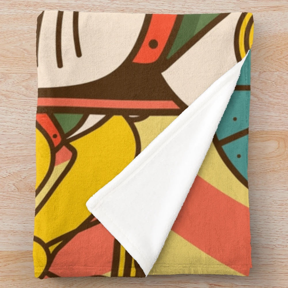 Plush blanket with lucky maneki neko and oriental design