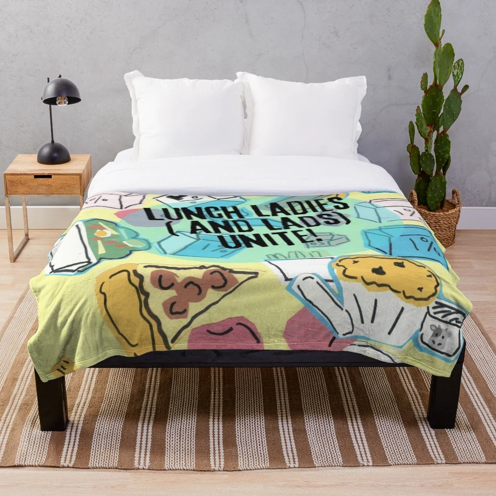 Plush blanket featuring a whimsical cartoon lunch lady design