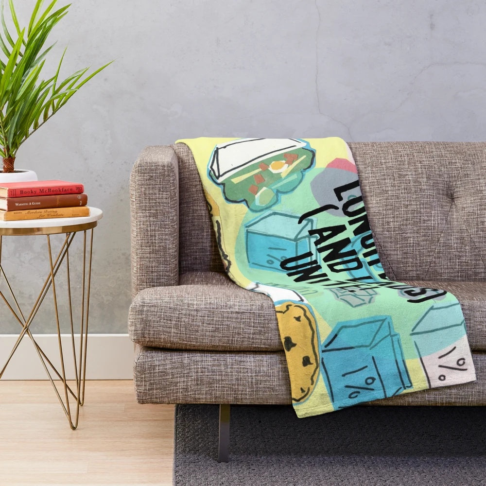 Plush blanket featuring a whimsical cartoon lunch lady design