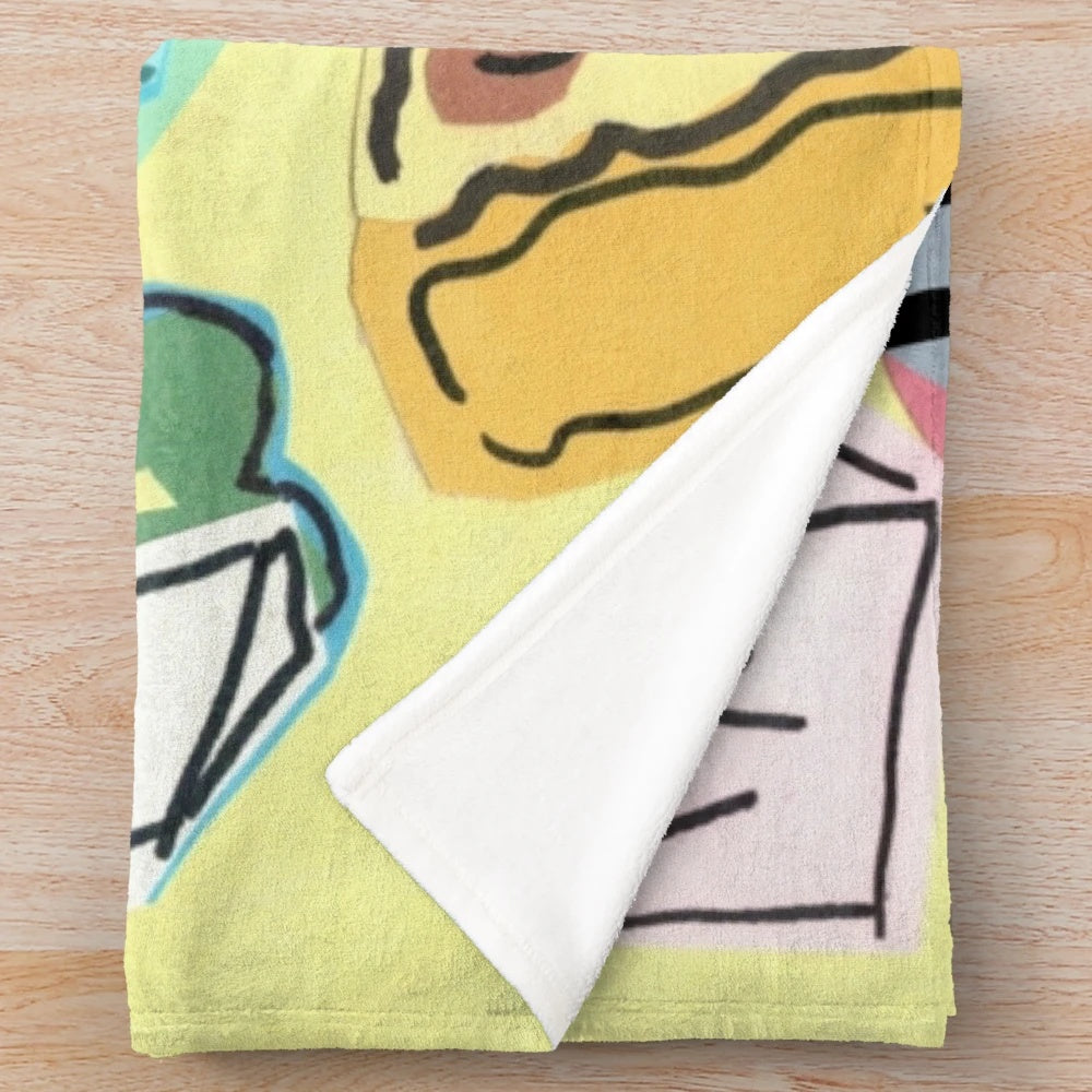 Plush blanket featuring a whimsical cartoon lunch lady design
