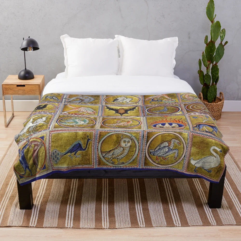 Plush blanket featuring illustrations of fantasy animals from a medieval bestiary