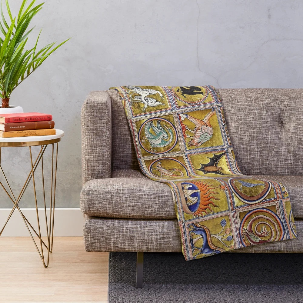 Plush blanket featuring illustrations of fantasy animals from a medieval bestiary