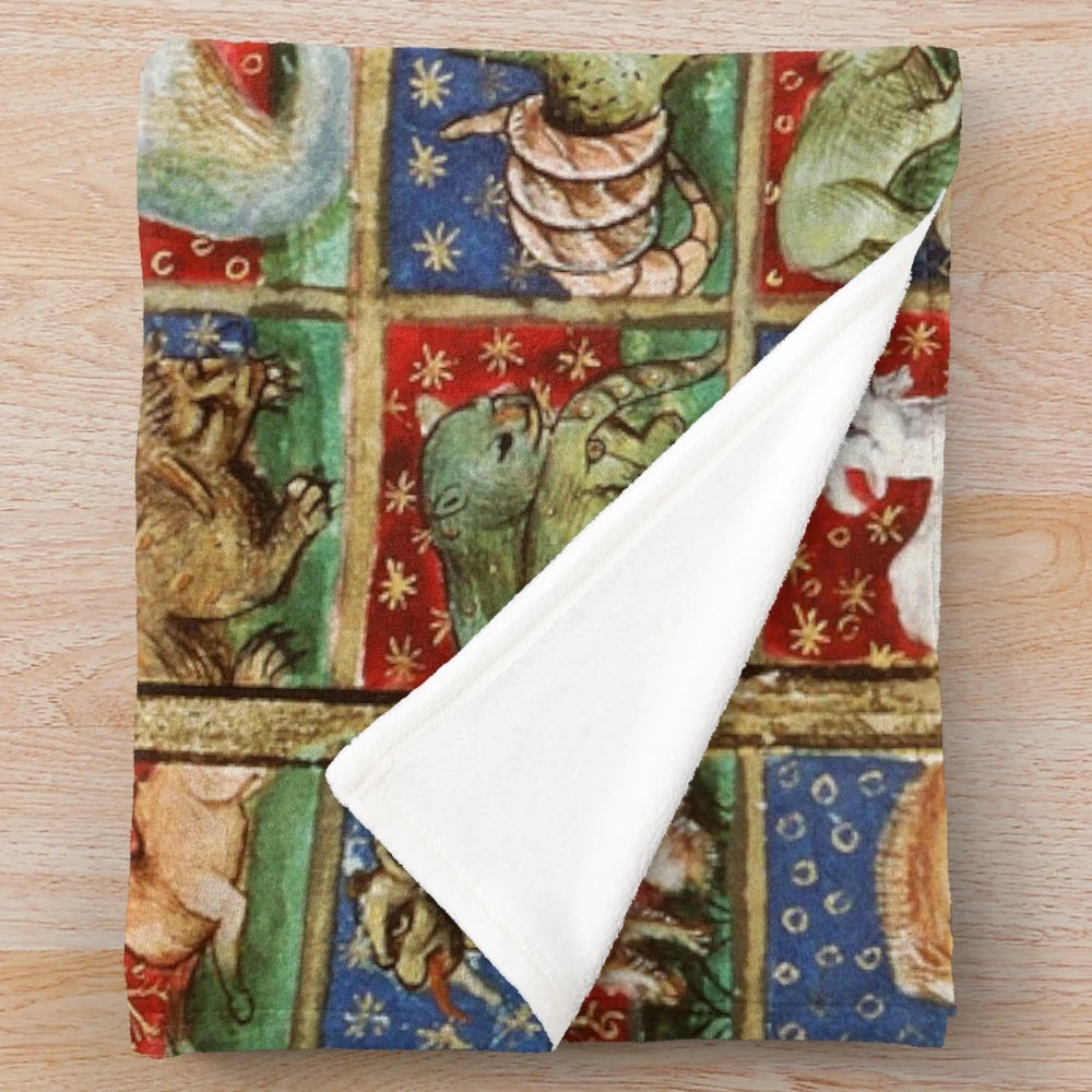 Plush medieval bestiary blanket with colorful fantasy animals