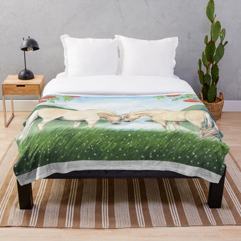 Cozy plush blanket featuring a scenic Norwegian fjord landscape with horses