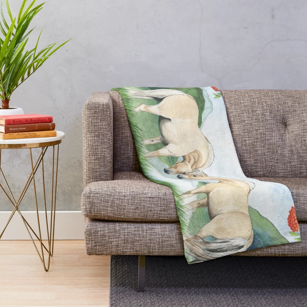 Cozy plush blanket featuring a scenic Norwegian fjord landscape with horses