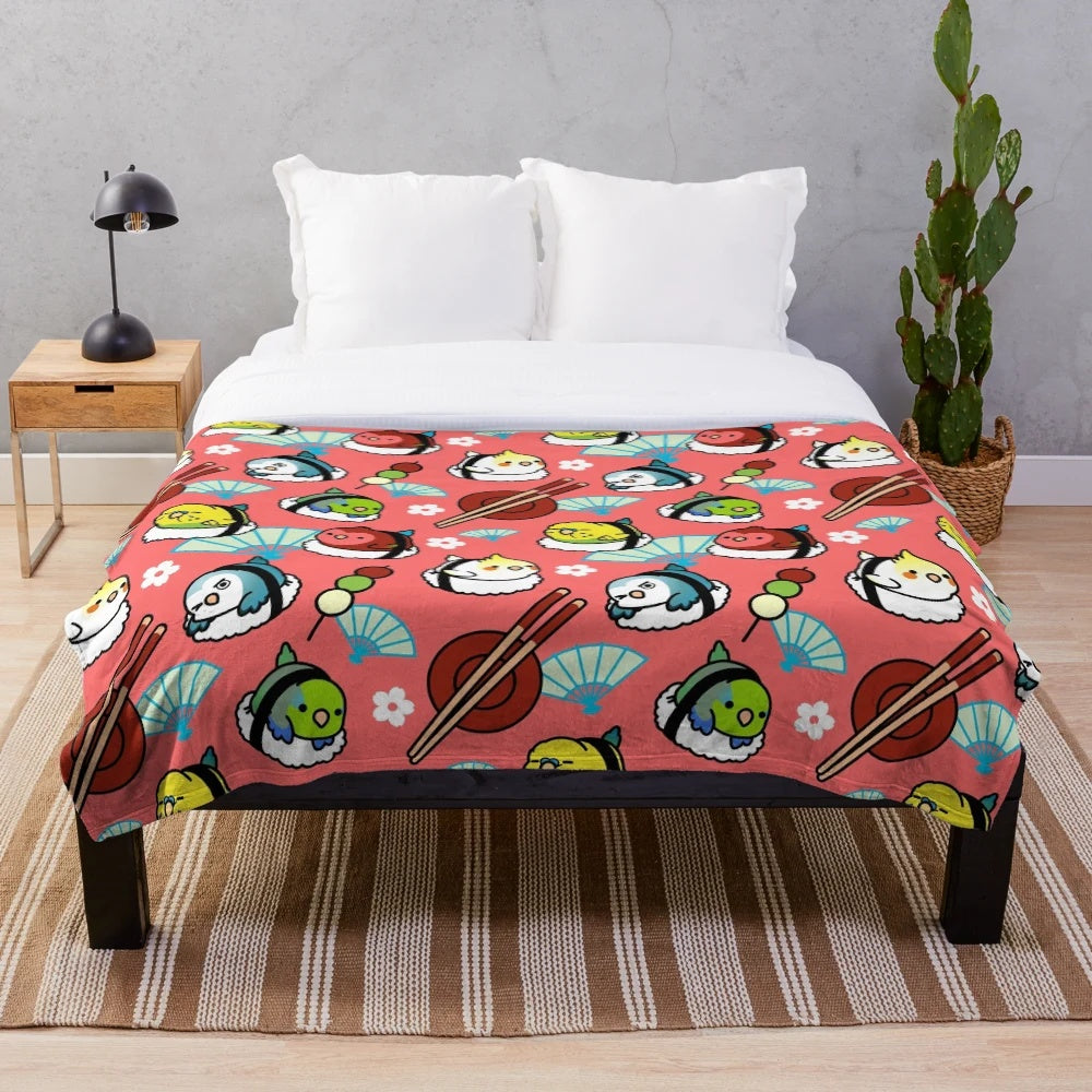 Soft plush blanket featuring a design of lovebirds and sushi