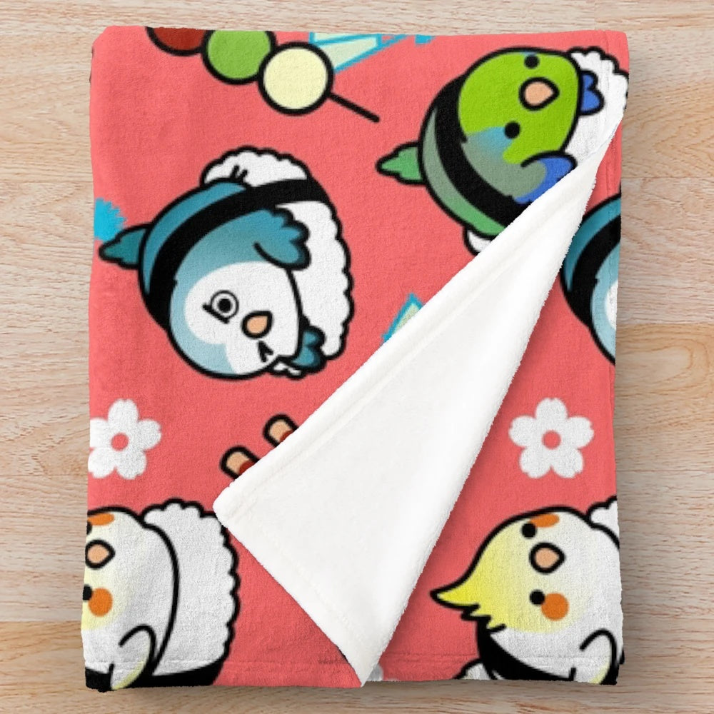 Soft plush blanket featuring a design of lovebirds and sushi