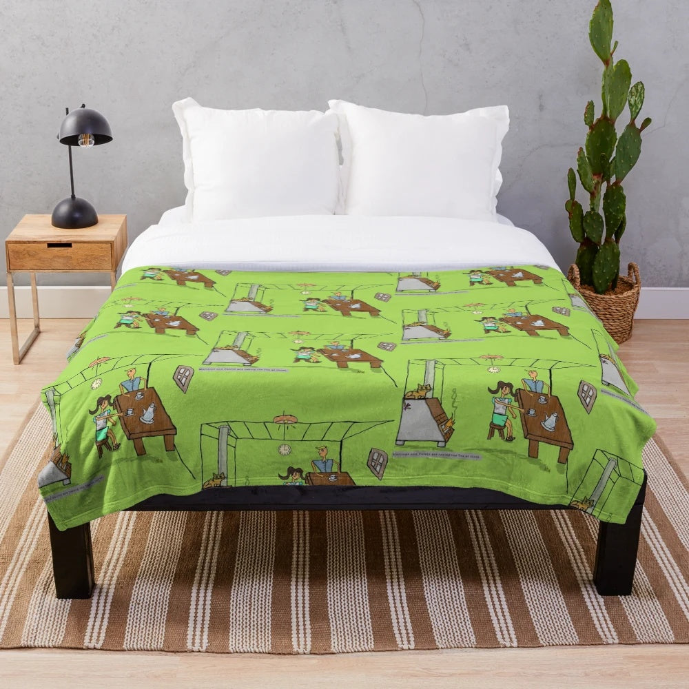 Plush blanket featuring playful tea time characters