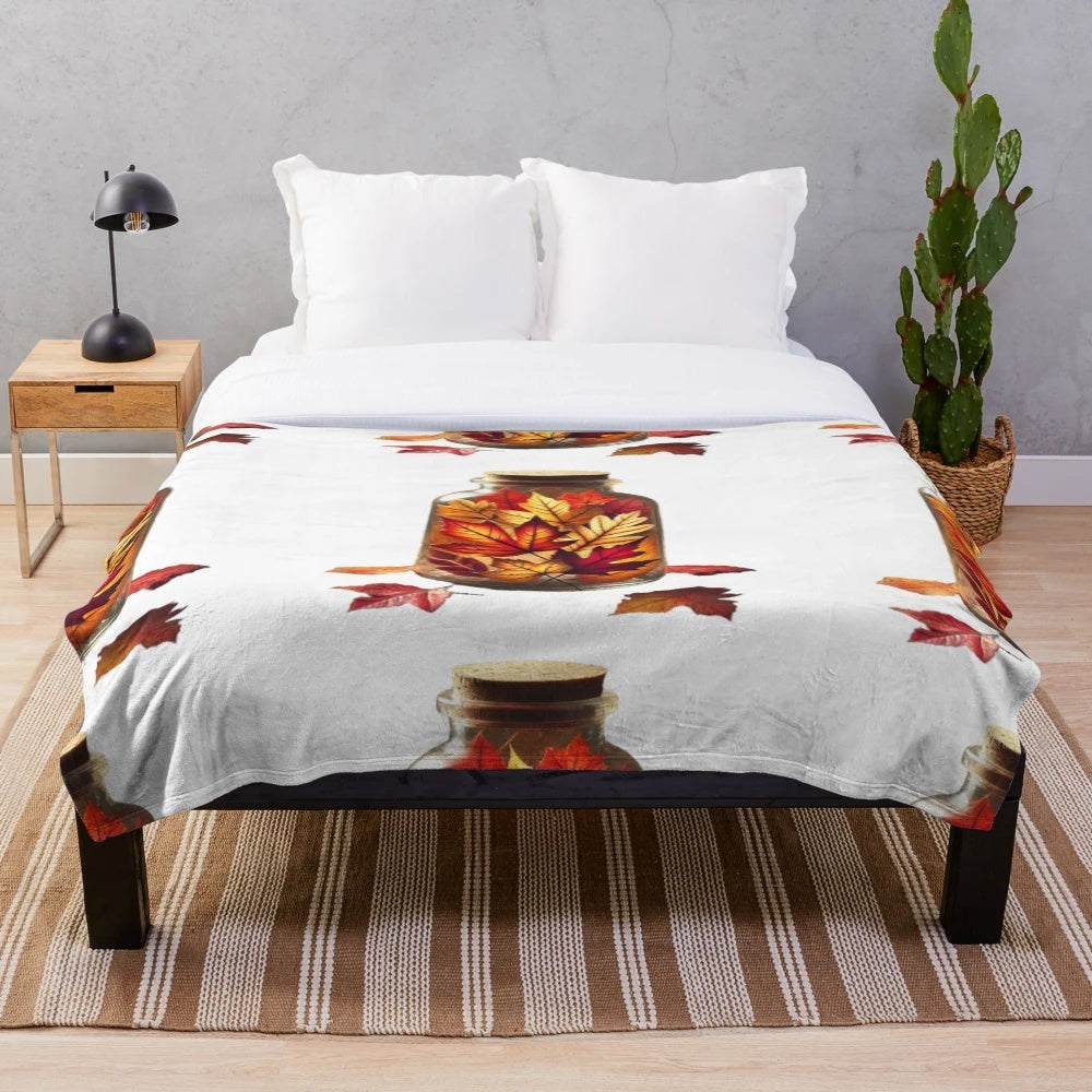 Plush autumn blanket with preserved fall leaves design