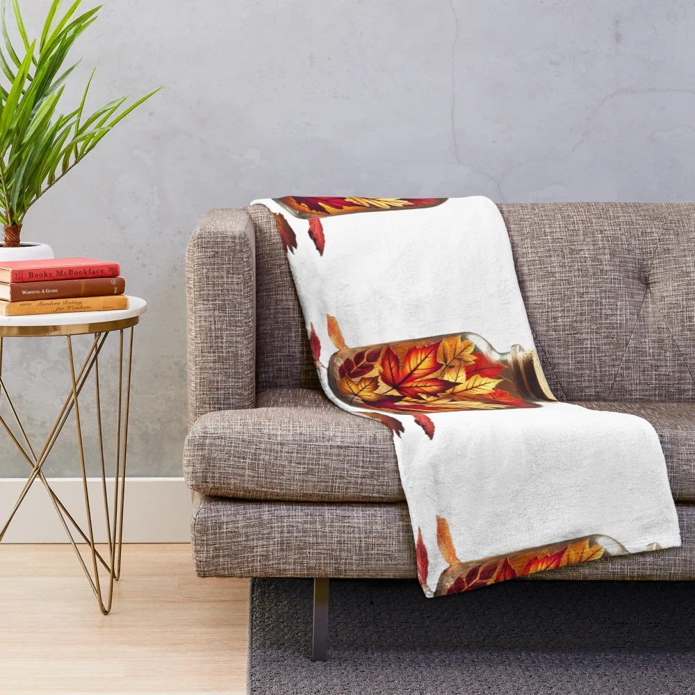 Plush autumn blanket with preserved fall leaves design